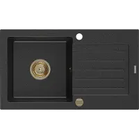 Mexen Pablo Évier en granit 1 cuve avec égouttoir 752 x 436 mm, Métal noir/argent, siphon Gold - 6510751010-73-G