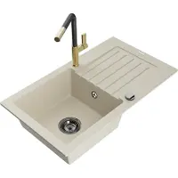 Mexen Pablo Évier en granit 1 cuve avec égouttoir et mélangeur Flora, Beige - 6510-69-670401-57-B
