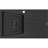 Mexen Cesar Évier en granit 1 cuve avec égouttoir 775 x 470 mm, Noir/Métal argenté, siphon Noir - 6514771010-73-B