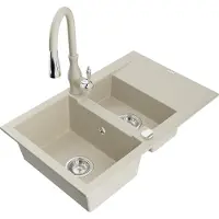 Mexen Gaspar évier en granit 1,5 bol avec égouttoir et mélangeur Savita, Beige - 6507-69-672601-69