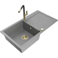 Mexen Leo Évier en granit 1 bac avec égouttoir et mélangeur Flora, Gris - 6501-71-670401-57-G