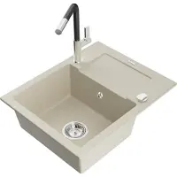 Mexen Enzo Évier en granit 1 bac avec égouttoir et mélangeur Flora, Beige - 6506-69-670401-07