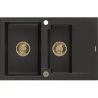Mexen Gaspar Évier en granit 1,5 bol avec égouttoir 737 x 475 mm, Métal noir/or, siphon Gold - 6507731505-75-G