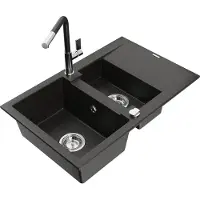 Mexen Gaspar évier en granit 1,5 bac avec égouttoir et mélangeur Flora, Noir/Or métal - 6507-75-670401-07