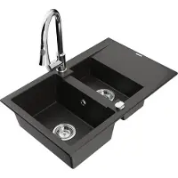 Mexen Gaspar évier en granit 1,5 bac avec égouttoir et mélangeur Elia, Noir/Or métal - 6507-75-670101-00