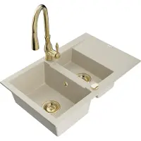 Mexen Gaspar évier en granit 1,5 bol avec égouttoir et mélangeur Savita, Beige - 6507-69-672601-50