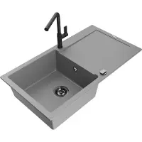 Mexen Leo Évier en granit 1 bac avec égouttoir et mélangeur Flora, Gris - 6501-71-670401-70-B