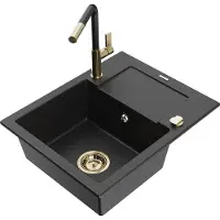 Mexen Enzo Évier en granit 1 bac avec égouttoir et mélangeur Flora, Noir/Argent Métallique - 6506-73-670401-57-G