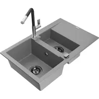 Mexen Gaspar évier en granit 1,5 bol avec égouttoir et mitigeur Flora, Gris - 6507-71-670401-07-B