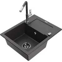 Mexen Enzo Évier en granit 1 bac avec égouttoir et mélangeur Flora, noir moucheté - 6506-76-670401-08-B