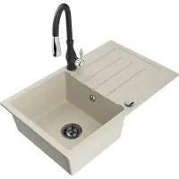 Mexen Bruno Évier en granit 1 bac avec égouttoir et mélangeur Savita, Beige - 6513-69-672601-70