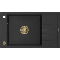 Mexen Elias Evier 1 bac en granit avec égouttoir 795 x 480 mm, Métal noir/argent, siphon Gold - 6511791005-73-G