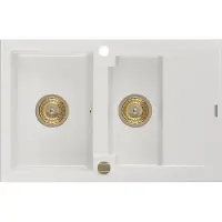 Mexen Gaspar évier en granit 1,5 bac avec égouttoir 737 x 475 mm, blanc, siphon Gold - 6507731505-20-G