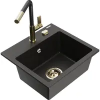 Mexen Évier 1 bac en granit Milo avec mitigeur Flora, noir/or métallique (6505-75-670401-57-G)