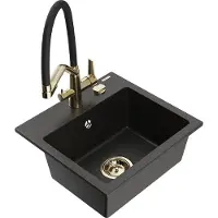 Mexen Milo évier en granit 1,5 bol avec mélangeur Duo, métal Noir/Or - 6505-75-671701-57-G