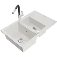 Mexen Gaspar évier en granit 1,5 bac avec égouttoir et mélangeur Flora, blanc - 6507-20-670401-07