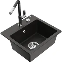 Mexen Évier 1 bac en granit Milo avec mitigeur Flora, noir/or métallique (6505-75-670401-07)