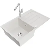 Mexen Bruno Évier en granit 1 bac avec égouttoir et mélangeur Flora, blanc - 6513-20-670401-00