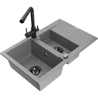 Mexen Gaspar évier en granit 1,5 bac avec égouttoir et mitigeur Duero, Gris - 6507-71-671600-70-B