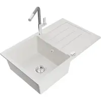 Mexen Bruno Évier en granit 1 bac avec égouttoir et mélangeur Flora, blanc - 6513-20-670401-06