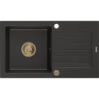 Mexen Pablo Évier en granit 1 cuve avec égouttoir 752 x 436 mm, Noir/Or métal, siphon Or - 6510751010-75-G