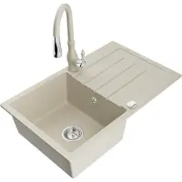 Mexen Bruno Évier en granit 1 bac avec égouttoir et mitigeur Savita, Beige - 6513-69-672601-69