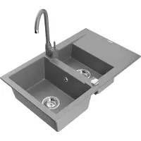 Mexen Gaspar évier en granit 1,5 bac avec égouttoir et mitigeur Telma, Gris - 6507-71-670200-71