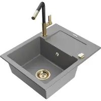 Mexen Enzo Évier en granit 1 bac avec égouttoir et mélangeur Flora, Gris - 6506-71-670401-57-G