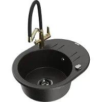 Mexen Kevin 1.5-bowl Granite Kitchen Sink with Duo Mixer, Black/Gold Metallic - 6517-75-671701-57-B