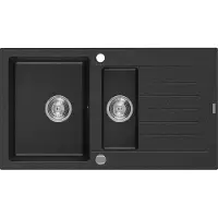 Mexen Matias évier en granit 1,5 bac avec égouttoir court 900 x 505 mm, Noir/Métal argenté - 6502901505-73