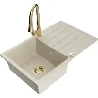 Mexen Bruno Évier en granit 1 bac avec égouttoir et mélangeur Elia, Beige - 6513-69-670101-50
