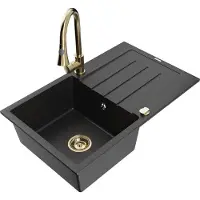 Mexen Bruno Evier 1 bac en granit avec égouttoir et mélangeur Elia, Noir/Argent métal - 6513-73-670101-50