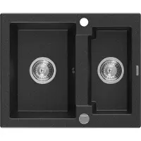 Mexen Carlos 1.5-bowl Granite Sink 582 x 475 mm, Black/Silver Metal, Siphon Chrome - 6518581500-73