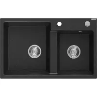 Mexen Tomas Évier en granit 2 cuves 800 x 500 mm, métal noir/argent, siphon chromé - 6516802000-73