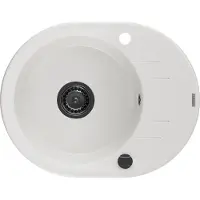 Mexen Kevin Évier en granit 1 cuve avec égouttoir 586 x 458 mm, blanc, siphon noir - 6517581005-20-B