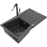Mexen Évier en granit Cesar 1 bac avec égouttoir et mélangeur Flora, noir moucheté - 6514-76-670401-07-B