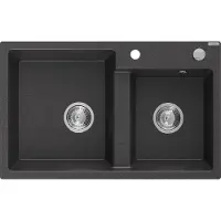 Mexen Tomas évier 2 cuves en granit 800 x 500 mm, noir moucheté, siphon chromé - 6516802000-76