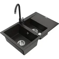 Mexen Gaspar évier en granit 1,5 bac avec égouttoir et mitigeur Telma, Noir/Or - 6507-75-670200-70