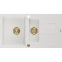 Mexen Matias évier en granit 1,5 bac avec égouttoir 900 x 505 mm, blanc, siphon Gold - 6502901505-20-G