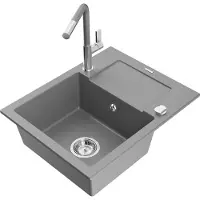 Mexen Enzo Évier en granit 1 bac avec égouttoir et mélangeur Flora, Gris - 6506-71-670401-06