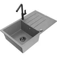 Mexen Bruno Évier en granit 1 bac avec égouttoir et mitigeur Flora, Gris - 6513-71-670401-70-B
