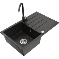 Mexen Bruno Evier 1 bac en granit avec égouttoir et mitigeur Telma, Noir/Or - 6513-75-670200-70