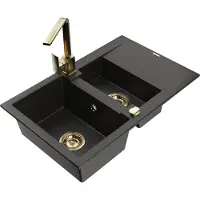 Mexen Gaspar évier en granit 1,5 bac avec égouttoir et mitigeur Rita, Noir/Or - 6507-75-670300-50