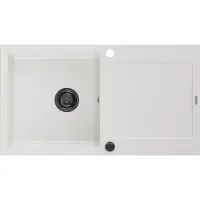 Mexen Leo Evier 1 bac en granit avec égouttoir 900 x 500 mm, blanc, siphon noir - 6501901010-20-B