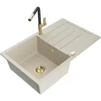 Mexen Bruno Évier en granit 1 bac avec égouttoir et mélangeur Flora, Beige - 6513-69-670401-57-G