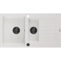 Mexen Matias évier en granit 1,5 bac avec égouttoir 900 x 505 mm, blanc, siphon noir - 6502901505-20-B