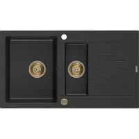 Mexen Matias évier en granit 1,5 bac avec égouttoir 900 x 505 mm, Métal noir/argent, siphon Gold - 6502901505-73-G