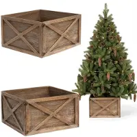 Coil couverture de sapin de Noël, jupe de sapin de Noël, couverture de sapin de Noël, support de sapin de Noël, bois de pin, diamètre : 56cm, rectangulaire, brun