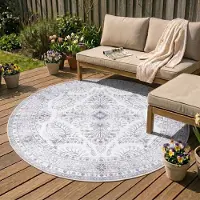 FRAAI Tapis d'extérieur rond vintage - Santo Flora Blanc | Ø 230 cm | Rond | Tissage plat