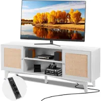 Vevor Meuble TV en Rotin pour Téléviseur 75" Banc TV avec Prise Intégrée Blanc